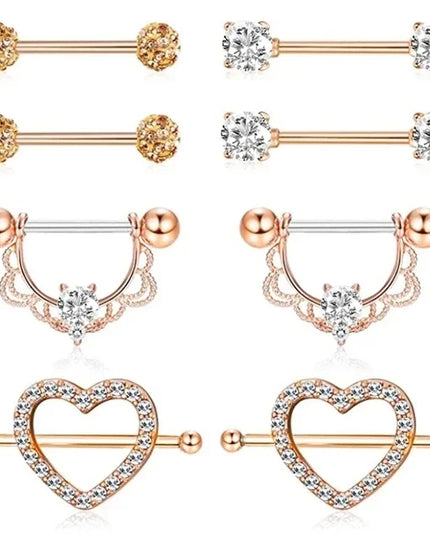 Pink Heart Nipple Piercing Barbell Set Shiny Crystal Nipple Rings Bulk For Women Flower Nippel Jewelry Pack Piercing Teton Lots
