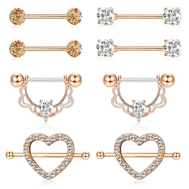 Pink Heart Nipple Piercing Barbell Set Shiny Crystal Nipple Rings Bulk For Women Flower Nippel Jewelry Pack Piercing Teton Lots