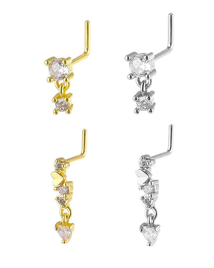 Stainless Steel Long Fashion Nose Rings for Women Copper with CZ Heart Dangle L-Bend Nose Piercing Jewelry Body Jewelry 20G