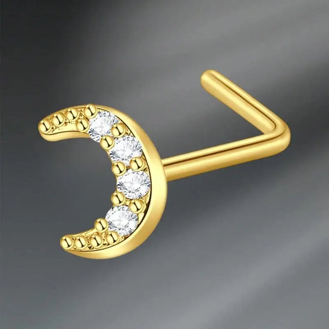 L Shaped Nose Studs Rings Cute Heart Moon Shiny Zircon Gold Silver Color Nose Piercing For Women Girl Nostril Jewelry