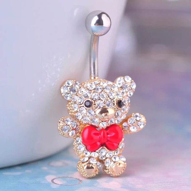 Blucome Red Bow Tie Little Bear Belly Button Rings Body Piercing Jewelry Women 316L Surgical Steel Piercing 14G 1.6mm Bar