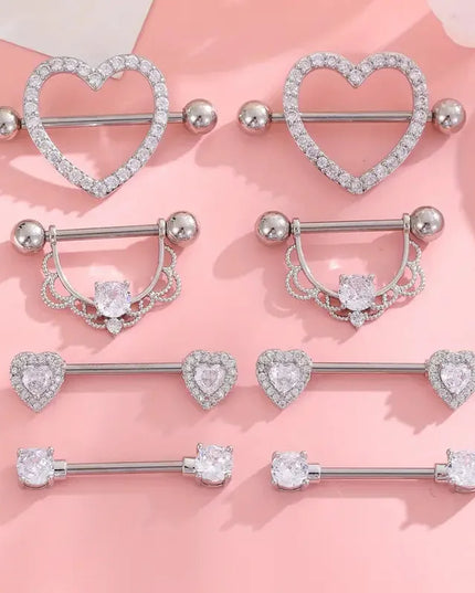 1 Pair/4 Pairs Stainless Steel Shield Bar Barbell Nipple Piercing Jewelry for Women Sexy Heart CZ Crystal Barbell Nipple Rings