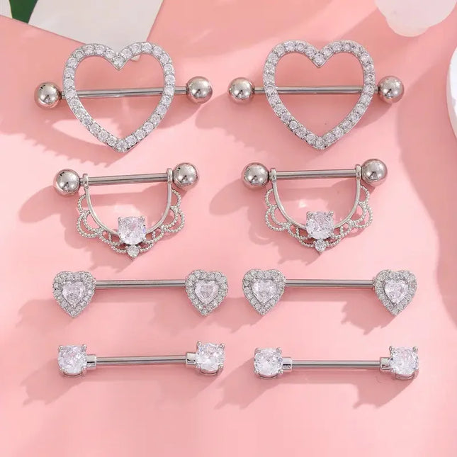 1 Pair/4 Pairs Stainless Steel Shield Bar Barbell Nipple Piercing Jewelry for Women Sexy Heart CZ Crystal Barbell Nipple Rings