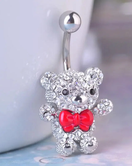 Blucome Red Bow Tie Little Bear Belly Button Rings Body Piercing Jewelry Women 316L Surgical Steel Piercing 14G 1.6mm Bar