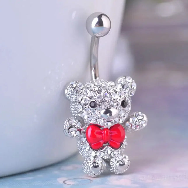 Blucome Red Bow Tie Little Bear Belly Button Rings Body Piercing Jewelry Women 316L Surgical Steel Piercing 14G 1.6mm Bar