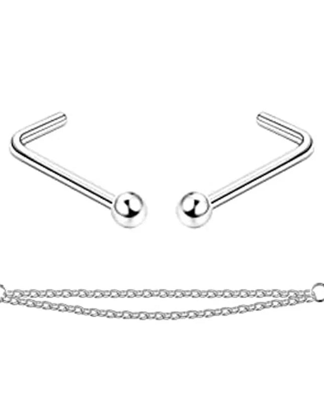 Nose Rings Chain Piercing Across Double with Chain Studs with Chain 20G Piercing Stud Nostril Jewelry for Women Men