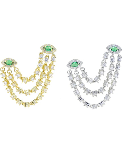 Double Piercing CZ Tassel Chain Earring For Women Fashion Green Evil Eye Two Stud Elegant Female Jewelry
