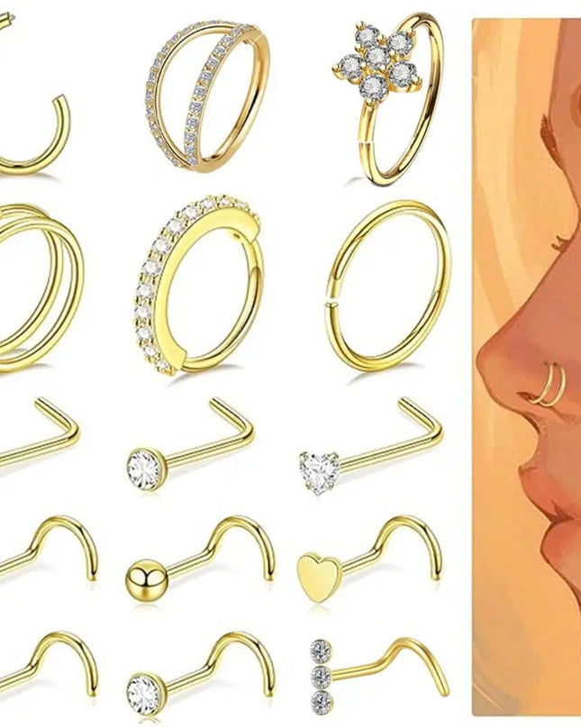 15Pcs Mixed Double Nose Rings L Ring Hoop Hypoallergenic Body Clips Hoop Rhinestone Nose Piercing Jewelry Piercing Studs