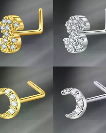 L Shaped Nose Studs Rings Cute Heart Moon Shiny Zircon Gold Silver Color Nose Piercing For Women Girl Nostril Jewelry