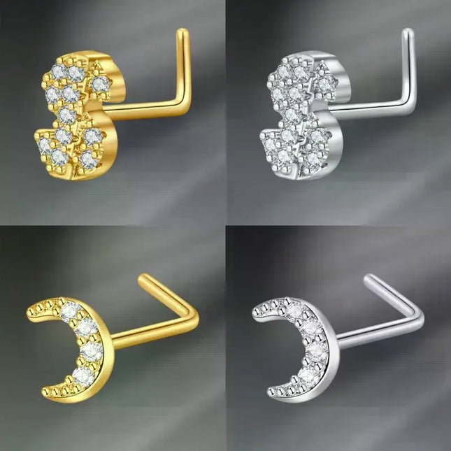 L Shaped Nose Studs Rings Cute Heart Moon Shiny Zircon Gold Silver Color Nose Piercing For Women Girl Nostril Jewelry