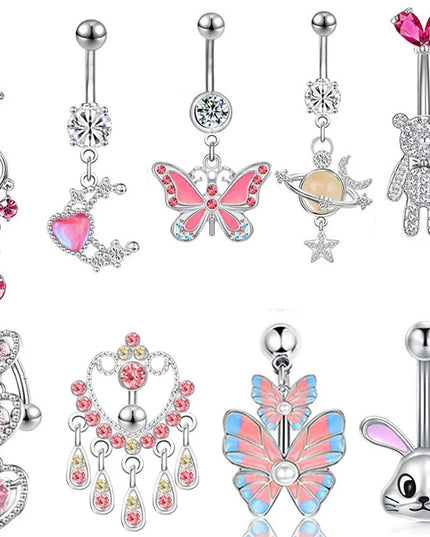 Pink Crystal Pendant Belly Button Rings For Women Stainless Steel Navel Piercing Jewelry Rabbit Heart Bear Butterfly Belly Rings