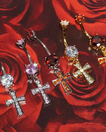 Cross Design Belly Button Ring Surgical Steel Navel Piercing Jewelry Waterproof for Daily Nightclub Wear