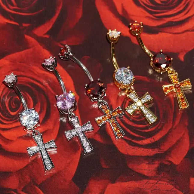 Cross Design Belly Button Ring Surgical Steel Navel Piercing Jewelry Waterproof for Daily Nightclub Wear