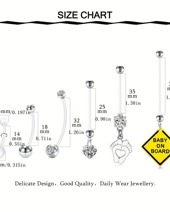 6pcs Different Sizes of Pregnant Belly Button Set, Transparent Ball Ball Love Foot Pendant,  Soft Pregnant Belly Button Piercing