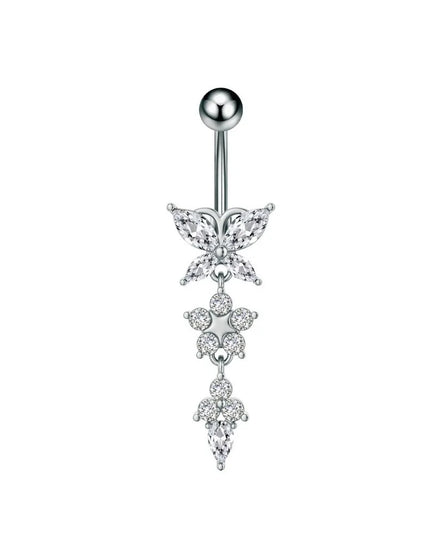 Unique Zircon Butterfly Belly Button Ring Long Chain Elegant Body Piercing Jewelry Curved Barbell Stainless Steel