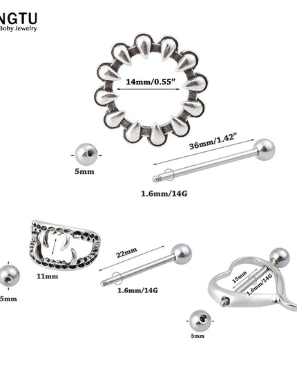 2PCS Surgical Steel Nipple Rings Piercing Jewelry Heart Women Sexy Hiphop Nail Clips Nipple Clamps Pierced Body Jewelry Gift
