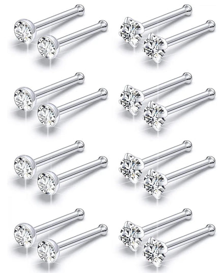 Nose Rings 2pcs 20G Surgical Steel Piercing Jewelry Straight Screw Clear CZ Nose Piercing Jewelry Silver Nostril Ring