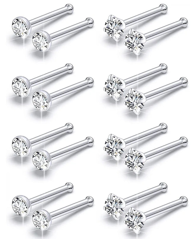 Nose Rings 2pcs 20G Surgical Steel Piercing Jewelry Straight Screw Clear CZ Nose Piercing Jewelry Silver Nostril Ring