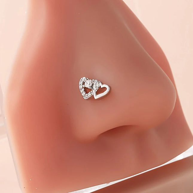 Fashion L Shaped Nose Studs Rings Cute Shiny Double Heart Nose Ring For Women Girls Body Piercing Jewelry Versatile Nose Ring