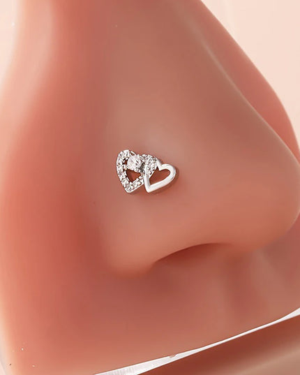 Fashion L Shaped Nose Studs Rings Cute Shiny Double Heart Nose Ring For Women Girls Body Piercing Jewelry Versatile Nose Ring