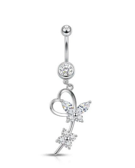 Stainless Steel Dangle Belly Button Rings For Women Shiny Cubic Zirconia Heart Butterfly Flower Navel Piercing Jewelry For Daily