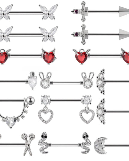 1Pair Sword Cross Nipple Piercing Barbell Surgical Steel Crystal Nipple Shield Cover Heart Butterfly Nipple Ring Body Jewelry14G