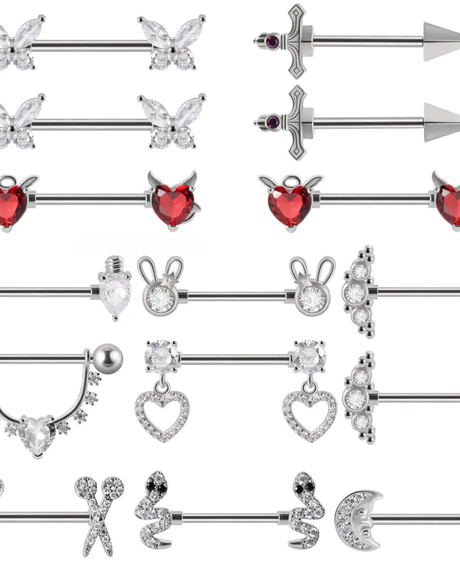 1Pair Sword Cross Nipple Piercing Barbell Surgical Steel Crystal Nipple Shield Cover Heart Butterfly Nipple Ring Body Jewelry14G