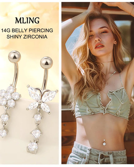 Dangle Belly Button Rings, 14G 316L Stainless Surgical Steel Cubic Zirconia Butterfly Heart Navel Ring Piercing Jewelry Barbells