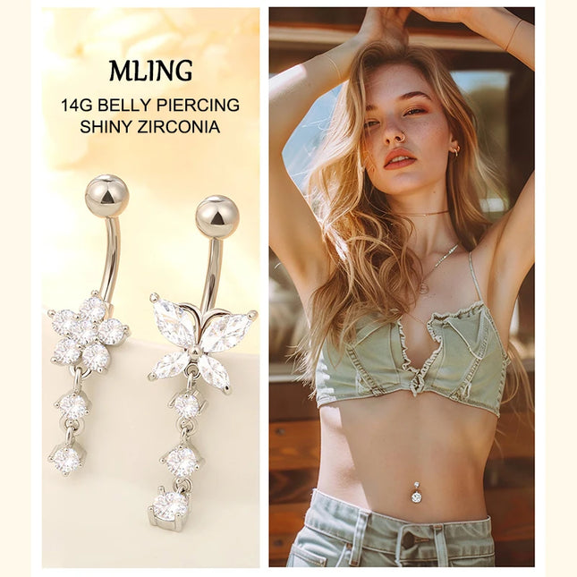 Dangle Belly Button Rings, 14G 316L Stainless Surgical Steel Cubic Zirconia Butterfly Heart Navel Ring Piercing Jewelry Barbells