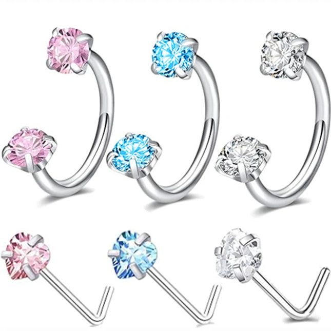 6/2pcs Horseshoe Nose Rings With L-Shape Nose Stud, Stainless Steel Rianbow CZ Nose Ring,, Lip Eyebrow Helix Ear Piercing