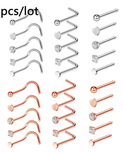 3/4/5/8/10/15/30pcs/lot Fake Nose Studs Ring Piercing Sets L-S-Shaped Curved Nose Rings Pack Steel Star Heart Moon Nose Jewelry