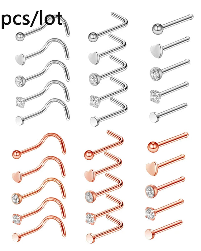 3/4/5/8/10/15/30pcs/lot Fake Nose Studs Ring Piercing Sets L-S-Shaped Curved Nose Rings Pack Steel Star Heart Moon Nose Jewelry