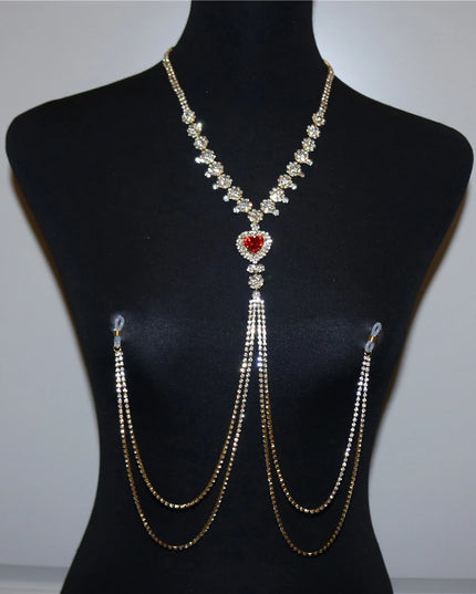 New Fashion Red Heart Nipple Chain Non Pierced Accessories Jewelry Neclace Sexy for Women Rhinestone Pendant Underwear BodyChain