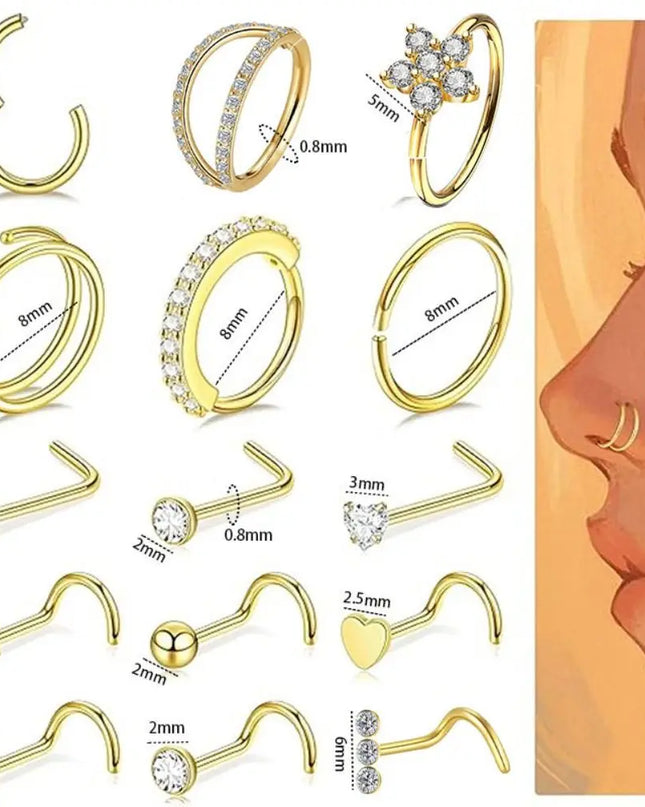15Pcs Mixed Double Nose Rings L Ring Hoop Hypoallergenic Body Clips Hoop Rhinestone Nose Piercing Jewelry Piercing Studs
