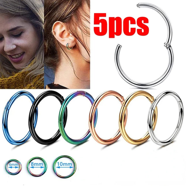 5pc Nose Rings Hoop Hinged Clicker Segment Nose Rings Ear Cartilage Ring Clip Stainless Steel Ear Nose Ring Body Jewelry Gift