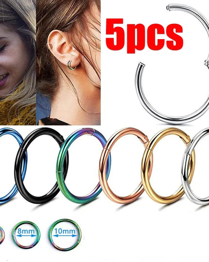 5pc Nose Rings Hoop Hinged Clicker Segment Nose Rings Ear Cartilage Ring Clip Stainless Steel Ear Nose Ring Body Jewelry Gift