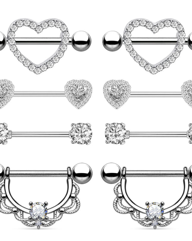 1 Pair/4 Pairs Stainless Steel Shield Bar Barbell Nipple Piercing Jewelry for Women Sexy Heart CZ Crystal Barbell Nipple Rings