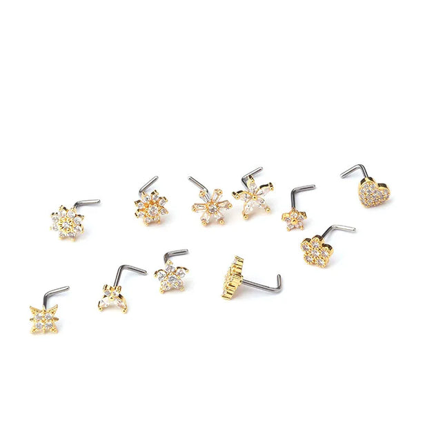 Gold/Silver Nose Rings Studs for Women, 20G Surgical Steel Hypoallergenic Nose Ring L Shaped Hypoallergenic CZ Piercing Jewelry