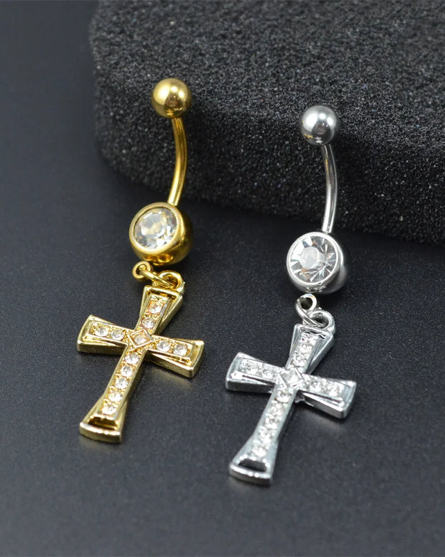 1pcs Rhinestone Cross Belly Button Ring Gold Color Silver Color Belly Button Ring Umbilical Navel Ring Body Piercing Jewelry