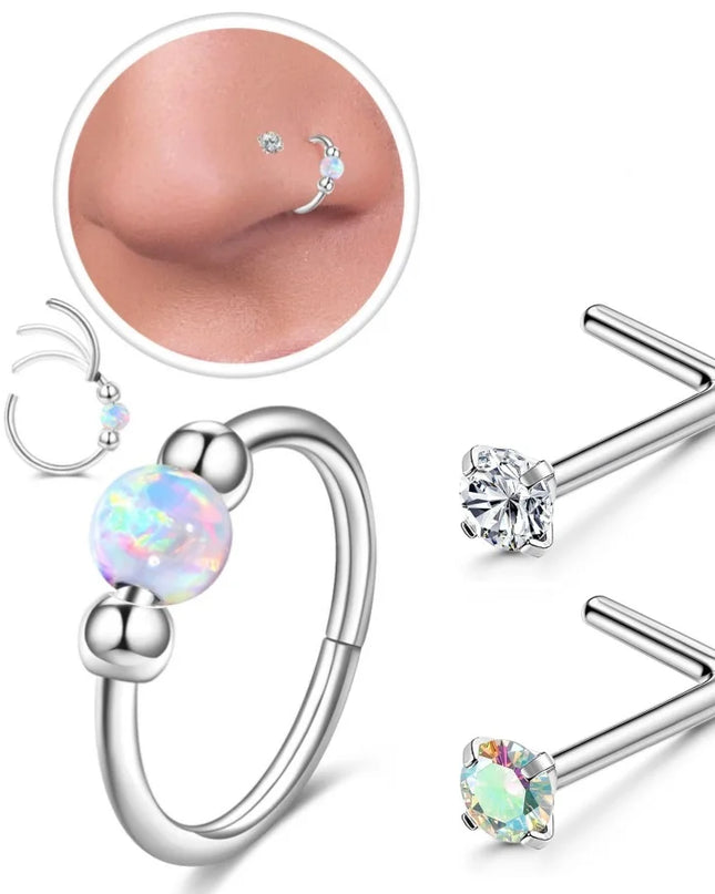 316L Stainless Steel Opal Bead Nose Ring Hoop L-Shaped CZ Nose Stud Set Septum Piercing Nose Jewelry