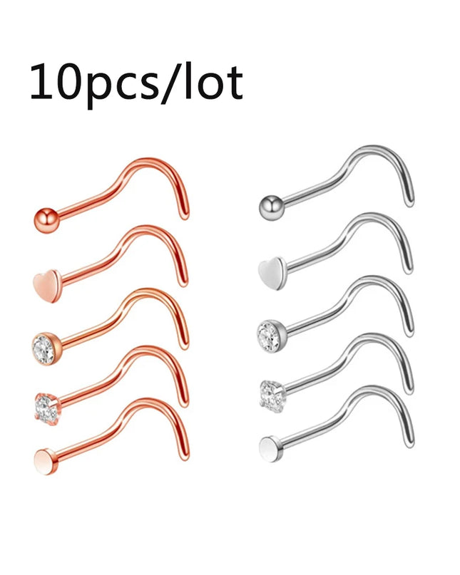 3/4/5/8/10/15/30pcs/lot Fake Nose Studs Ring Piercing Sets L-S-Shaped Curved Nose Rings Pack Steel Star Heart Moon Nose Jewelry