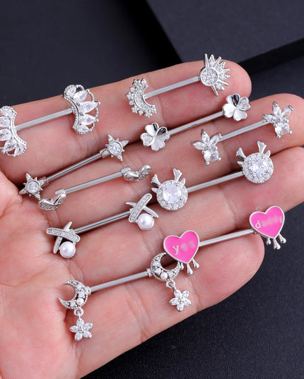 2pcs Lettering Sexy Nipple Piercing Jewelry Buttefly Cat Flower Dangled Stainless Steel Nipple Rings for Women Girls 1.6*16mm