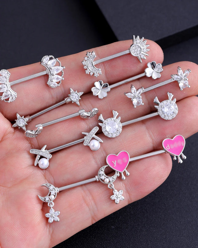 2pcs Lettering Sexy Nipple Piercing Jewelry Buttefly Cat Flower Dangled Stainless Steel Nipple Rings for Women Girls 1.6*16mm