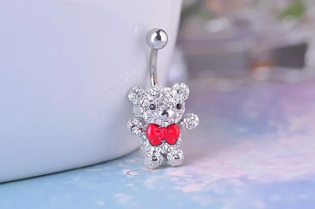 Blucome Red Bow Tie Little Bear Belly Button Rings Body Piercing Jewelry Women 316L Surgical Steel Piercing 14G 1.6mm Bar