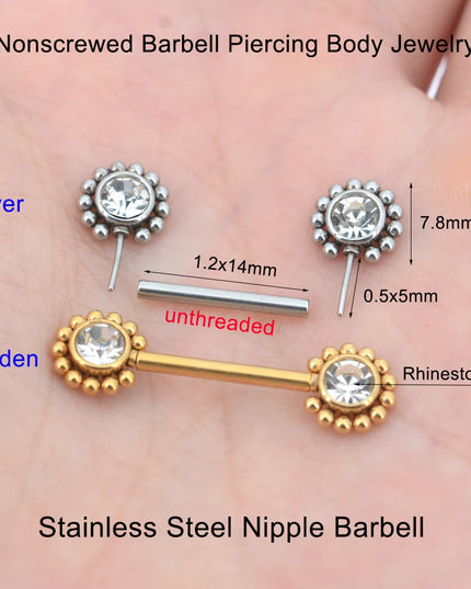 2Pcs 1.2x14mm Unthreaded Barbell Nipple Rings with Rhinestone Ball Stainless Steel Nipple Piercing Nonscrewed Nipples Jewelry