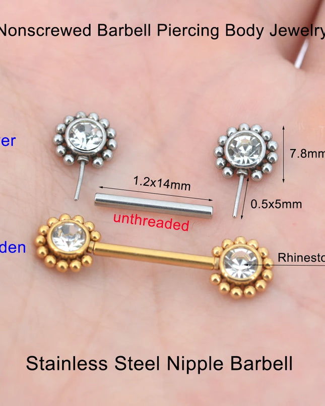 2Pcs 1.2x14mm Unthreaded Barbell Nipple Rings with Rhinestone Ball Stainless Steel Nipple Piercing Nonscrewed Nipples Jewelry