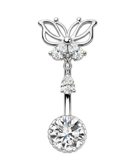 1 Pcs Stainless Steel Belly Button Rings With Shiny Butterfly Flower Dangle For Daily Wear Beach Party Piercing Jewelry Gift