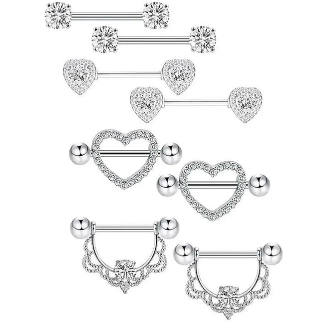 Pink Heart Nipple Piercing Barbell Set Shiny Crystal Nipple Rings Bulk For Women Flower Nippel Jewelry Pack Piercing Teton Lots