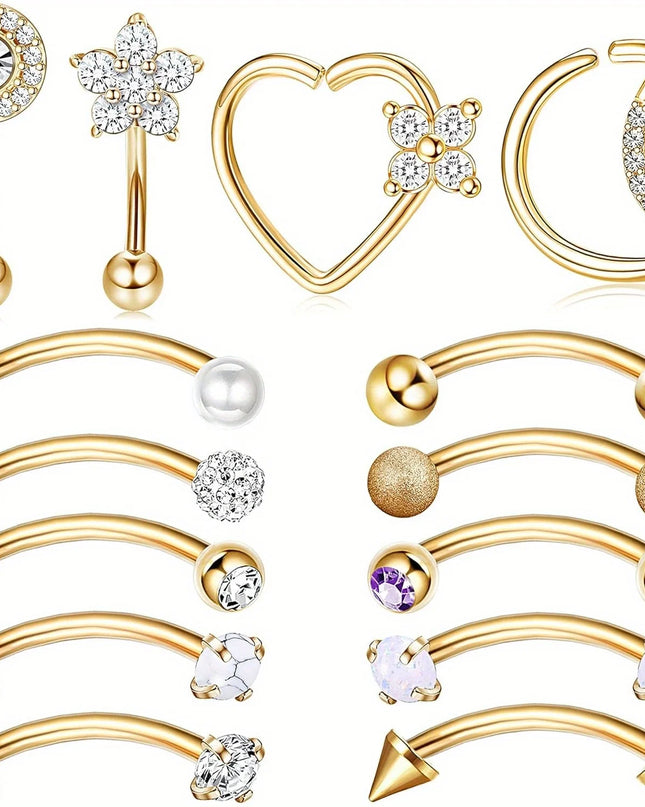 Drperfect Piercing Jewelry 16G Surgical Steel  Curved Barbell Eyebrow Rings Lip Belly Button Piercing Heart Moon Earrings