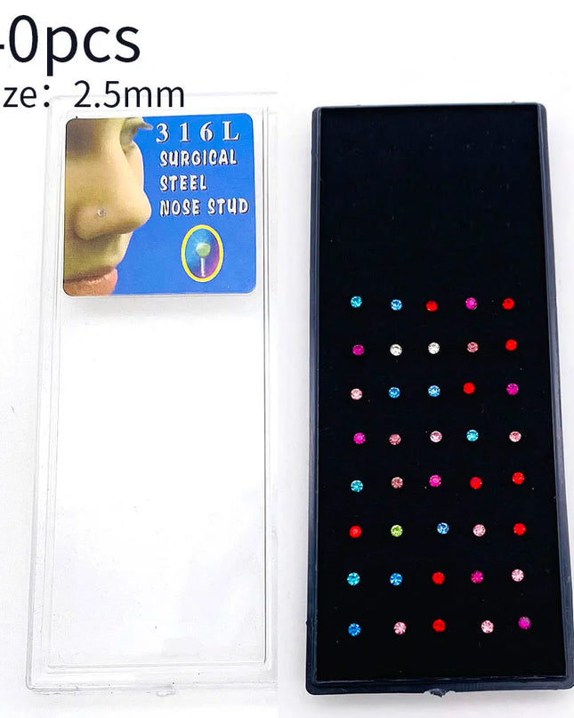Nose Studs Stainless Steel Crystal Nose Ring Piercing Set For Women Gift With Box 24/40/60Pcs